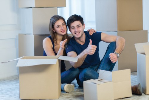 Packed boxes and furniture loaded for transport in South London